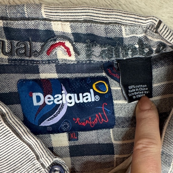 Desigual Rainbow Grey Plaid Patchwork Button-Down Shirt Graffiti Accents sz XL - Picture 2 of 13